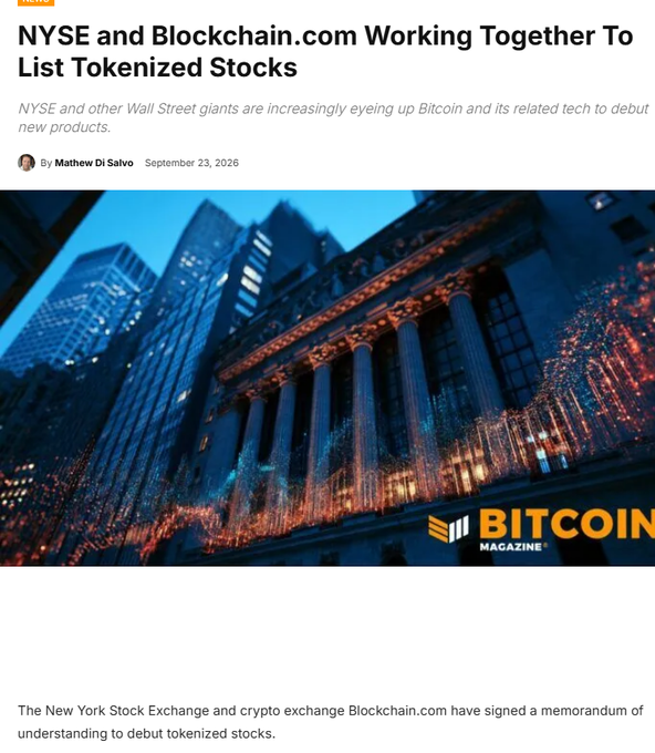 A Bitcoin Magazine article headline reading 'NYSE and Blockchain.com Working Together To List Tokenized Stocks' by Mathew Di Salvo, dated September 23, 2026, accompanied by an image of the New York Stock Exchange building with Bitcoin Magazine branding.