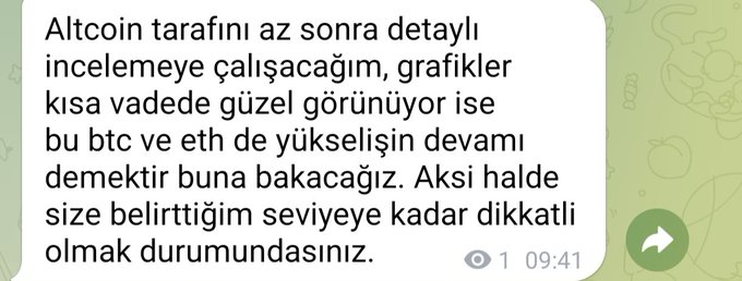A WhatsApp message in Turkish dated 09:41 discussing an upcoming altcoin analysis, noting that short-term chart positivity could indicate continued BTC and ETH uptrends, warning followers to remain cautious to specified levels.