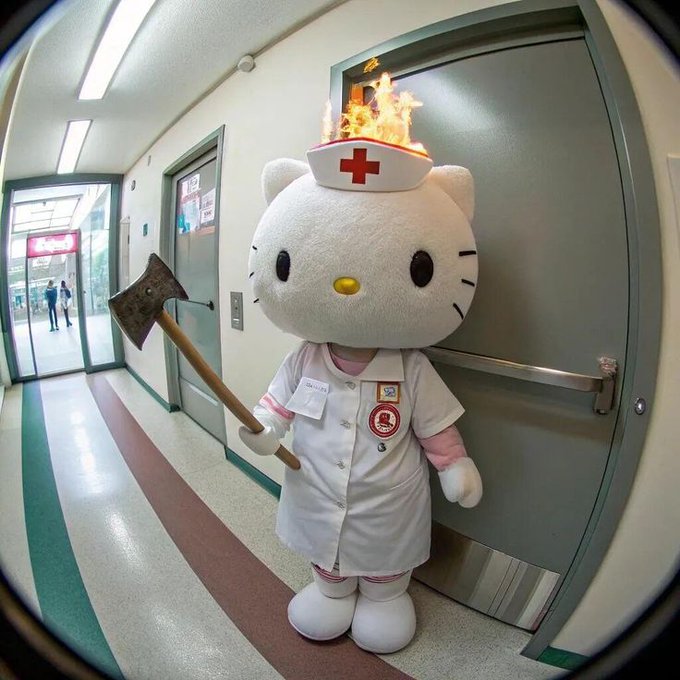 A Hello Kitty mascot dressed as a nurse in a white uniform holds a large meat cleaver, standing in a hospital hallway with its nurse cap appearing to be on fire.