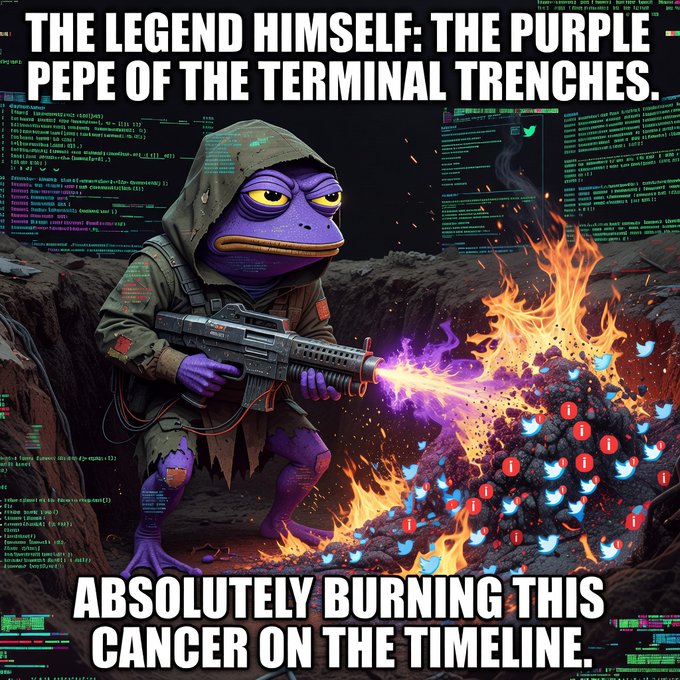 A meme image of a purple Pepe frog character in a hooded jacket holding a futuristic rifle, set against a background of code with text reading 'THE LEGEND HIMSELF: THE PURPLE PEPE OF THE TERMINAL TRENCHES. ABSOLUTELY BURNING THIS CANCER ON THE TIMELINE.'