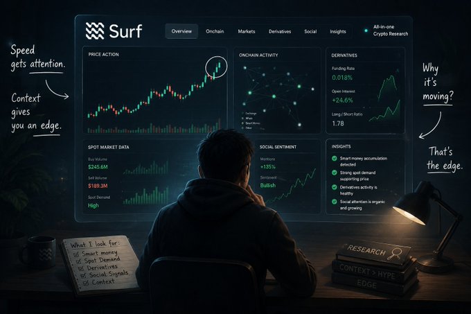 A person sits at a desk in front of a large multi-panel "Surf" crypto dashboard displaying charts for "PRICE ACTION," "ONCHAIN ACTIVITY," "DERIVATIVES," "SPOT MARKET DATA," "SOCIAL SENTIMENT," and "INSIGHTS," with handwritten notes emphasizing "RESEARCH > CONTEXT > HYPE" and lists of signals like smart money accumulation and spot demand.

The image visually reinforces the post's message about the dangers of speed without context in crypto trading—while the dashboard highlights a dramatic price surge (with a +24.6% open interest spike and 0.018% funding rate), the surrounding notes ("Context gives you an edge," "Why it's moving?") emphasize that identifying *why* a token is pumping—via metrics like social sentiment ("Bullish") and spot demand ($189.3M sell volume vs. $245.6M buy volume)—is what separates a real opportunity from hype.