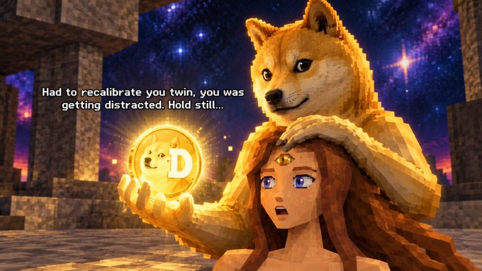 A 3D-rendered scene features a Shiba Inu character holding a Dogecoin and reaching toward a girl, with text reading 'Had to recalibrate you twin, you was getting distracted. Hold still...'