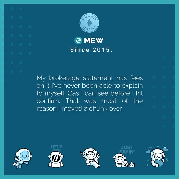 A MyEtherWallet (MEW) promotional graphic celebrating '10 YEARS' (2015-2026) with the text: 'My brokerage statement has fees on it I've never been able to explain to myself. Gas I can see before I hit confirm. That was most of the reason I moved a chunk over.'