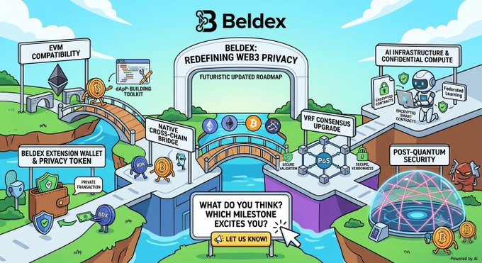 A colorful roadmap infographic for Beldex, titled 'BELDEX: REDEFINING WEB3 PRIVACY' with 'FUTURISTIC UPDATED ROADMAP', featuring milestones like EVM Compatibility, Native Cross-chain Bridge, VRF Consensus Upgrade, AI Infrastructure & Confidential Compute, and Post-quantum Security, ending with a poll 'WHAT DO YOU THINK? WHICH MILESTONE EXCITES YOU?'
