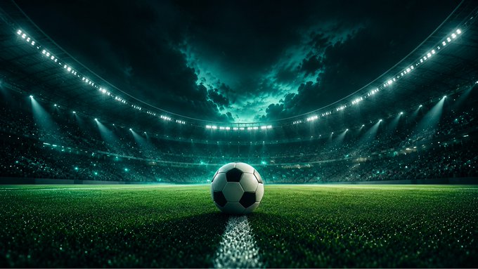 A dramatic soccer/football stadium scene with a black and white soccer ball on a green pitch under stadium lights with dark clouds overhead.
