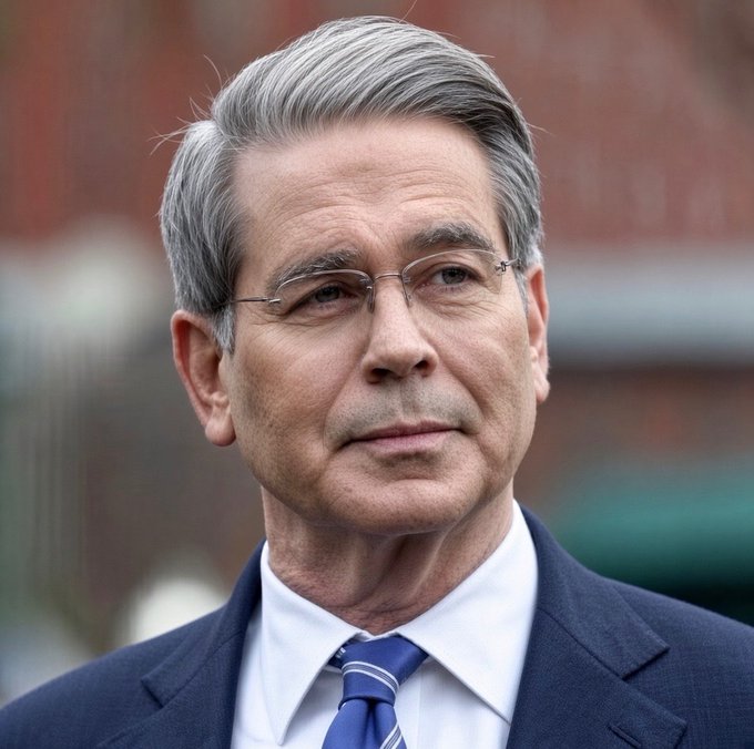 A close-up portrait of an older man with gray hair, glasses, and a serious expression, wearing a dark suit with a blue striped tie.