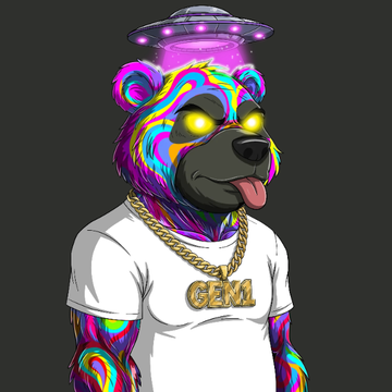 Digital illustration of a colorful, psychedelic bear wearing a purple UFO hat, gold chains, and a white t-shirt with 'GEM!' written in gold letters.
