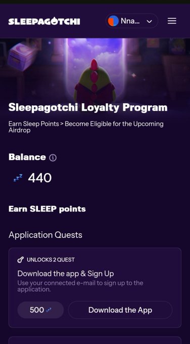 Screenshot of the Sleepagotchi Loyalty Program showing a balance of 440 SLEEP points, with a quest to 'Download the app & Sign Up' for 500 points.