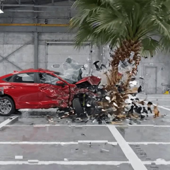 urn of fire, a red car with a crumpled front bumper and tire, lies on its side amidst debris from a crash scene.