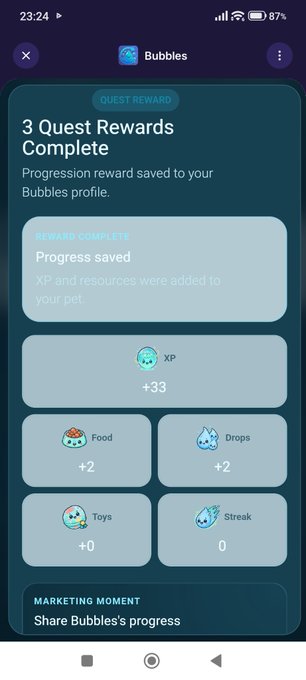 A screenshot of a mobile app called 'Bubbles' showing a 'Quest Reward' screen titled '3 Quest Rewards Complete' with rewards including +33 XP, +2 Food, and +2 Drops.