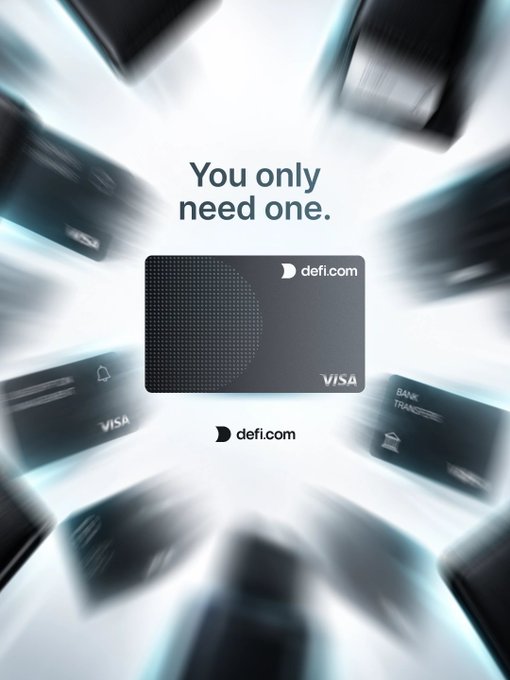 A promotional advertisement for defi.com displays a black Visa card with the tagline 'You only need one.' against a bright background with other cards flying past.