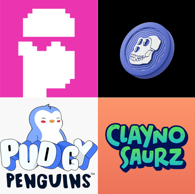 A four-panel collage showing the logos of CryptoPunks (pixelated white profile on pink), Bored Ape Yacht Club (blue skull coin on black), Pudgy Penguins ("PUDGY PENGUINS" with a cartoon penguin), and Clayno Saurz ("CLAYNO SAURZ" in green text on orange). The image visually traces the progression of NFT collections going mainstream, positioning Clayno Saurz as the next breakout following Pudgy Penguins.