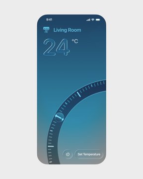 A smartphone screenshot of a home climate control app for a 'Living Room' showing 24°C with a 'Set Temperature' button.