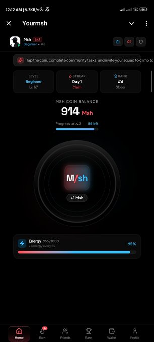A screenshot of the 'Mesh' app showing a user profile 'Msh' with Level Beginner, Streak Day 1, and a coin balance of 914 Msh, along with an energy meter and navigation menu at the bottom.