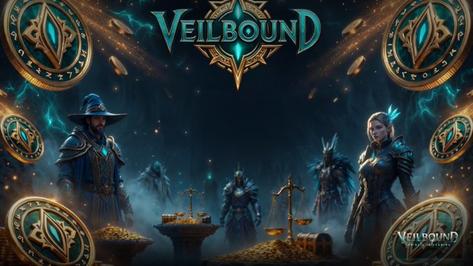 Promotional fantasy artwork titled 'VEILBOUND' featuring armored wizard and warrior characters amid mystical coins, treasure, and a glowing eye emblem, with a logo in the bottom right.