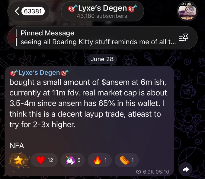 The image shows a Telegram channel "Lyxe's Degen" (43,180 subscribers) where a pinned post from June 28 reveals buying $ansem at 6m market cap (now 11m FDV), citing the insider's 65% wallet concentration as bullish for a 2-3x play—aligning with the post highlighting the "Ansem call at 10m" as a recent win for the degen trader.