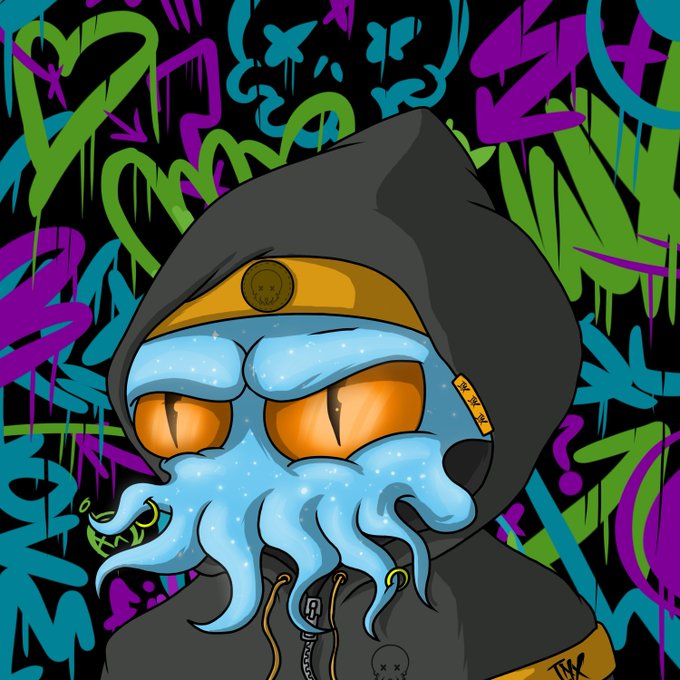 A digital illustration of a hooded figure with an octopus-like blue face wearing a yellow headband, set against a graffiti-covered background with the text 'Hood Vibes' and 'TMX' visible.