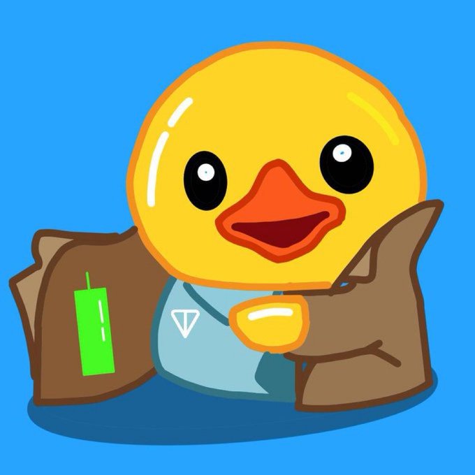 A cute cartoon yellow duck mascot wearing a blue shirt with a "T" logo sits between two brown paper bags, one bearing a green price tag, against a bright blue background—representing Telegram's $UTYA token, dubbed the "yellow duck," poised for a potential billion-user wallet launch.