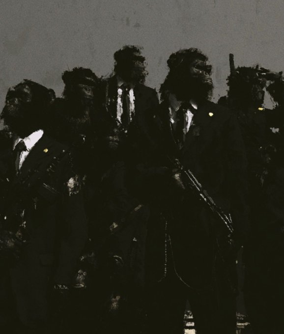 A dark, moody painting depicts armed chimpanzees dressed in suits and ties holding firearms.