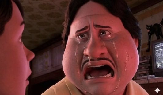 A 3D animated scene showing a man with tears streaming down his face and mouth open in an expression of distress or crying.