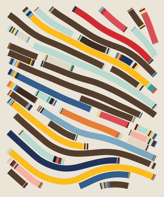 An abstract artwork featuring colorful curved brushstrokes in yellow, red, blue, brown, and mint green on a cream background.