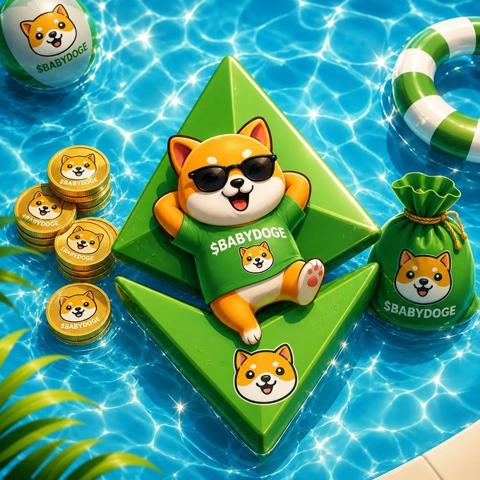 A 3D-rendered promotional image of a Shiba Inu dog mascot wearing sunglasses and a green "$BABYDOGE" t-shirt, lounging on a large green Ethereum (ETH) logo floating in a swimming pool, surrounded by "$BABYDOGE" branded coins and money bags.