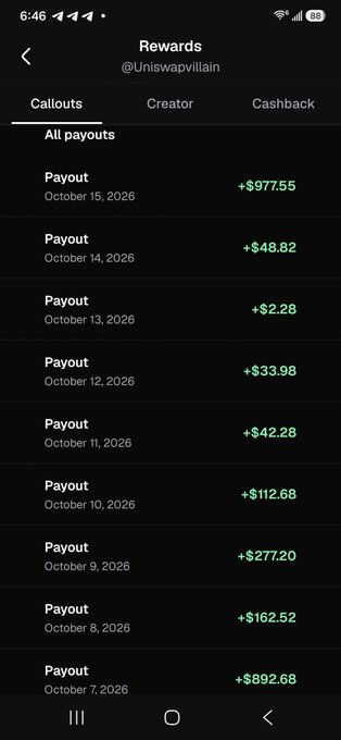 A mobile screenshot displays the "Rewards" page for user @Uniswapvillain, showing a list of payouts under the "Callouts" section with varying amounts ranging from +$2.28 to +$977.55, dated from October 7-15, 2026. The daily payouts visually support the post's claim of a "crazy day" with significant earnings from trading multiple tokens.