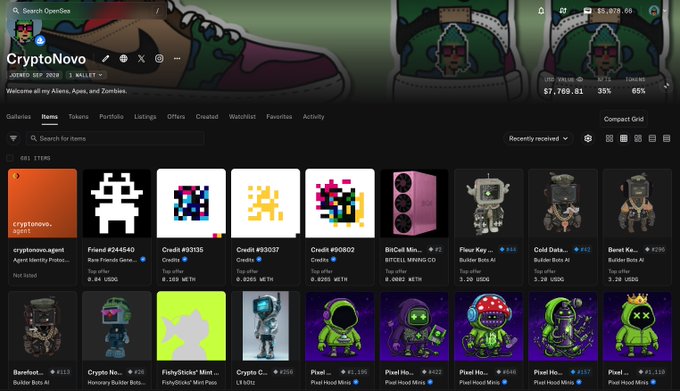 A screenshot of an OpenSea NFT marketplace profile named 'CryptoNovo' displaying a gallery of digital collectibles including pixel art Space Invaders, CryptoPunks, and various bulldog-themed items.