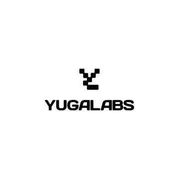 The image displays the Yuga Labs logo, featuring a pixelated black "Y" symbol above the company name "YUGALABS" in bold lettering, representing the creators behind the Mudwater Bored Ape trading card game launched on Solana.