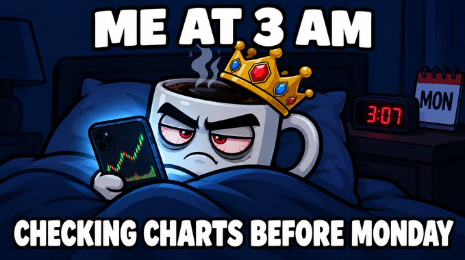 A meme showing a tired coffee cup character wearing a crown and holding a phone with stock charts at 3:07 AM, captioned 'ME AT 3 AM CHECKING CHARTS BEFORE MONDAY.'
