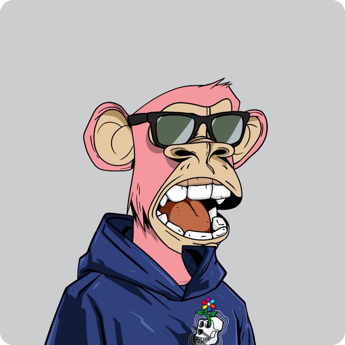 Digital illustration of a cartoon monkey character wearing dark sunglasses and a blue hoodie, with a skull-and-flowers graphic on the chest, showing an open-mouthed expression.