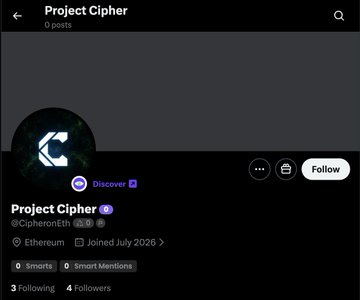 A screenshot of a social media profile page for 'Project Cipher' (@CipherEth), a verified Ethereum account that joined July 2026, with 0 posts, 3 following, and 4 followers.