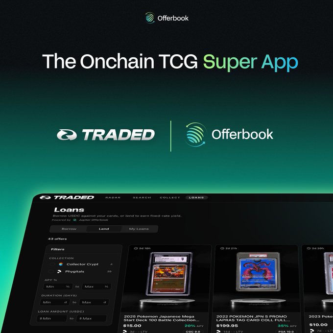 The image shows a computer screen displaying a trading application called "The OnchainTCG Super App". The app is being used to trade Pokemon cards for money, as indicated by the text above and below the screen. Below the screen, there is information about a trading book known as "@jup_offerbook" in a green color with white text. This indicates that the app's users are engaging in both digital and analog trading practices simultaneously. The application allows users to trade Pokemon cards for money, offering them access to a broader range of Pokemon and potentially making it easier than ever before to engage in this popular online hobby.