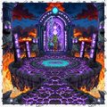 A pixel art image showing a gothic interior with a purple-lit altar, candles lining the edges, and a large arched stained-glass window in the background.