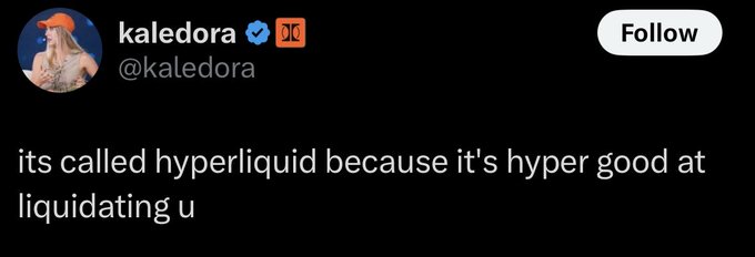 A tweet from verified user @kaledora reads "its called hyperliquid because it's hyper good at liquidating u," referencing the Hyperliquid trading platform.