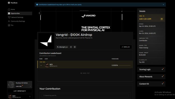 A dark-themed dashboard for the Nuculus platform showing a Vangrid - $100K Airdrop contribution leaderboard page.