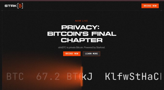 A website banner for 'STARK' promoting 'PRIVACY: BITCOIN'S FINAL CHAPTER' stating 'strkBTC is private Bitcoin. Powered by Starknet.' with 'BRIDGE NOW' and 'LEARN MORE' buttons.