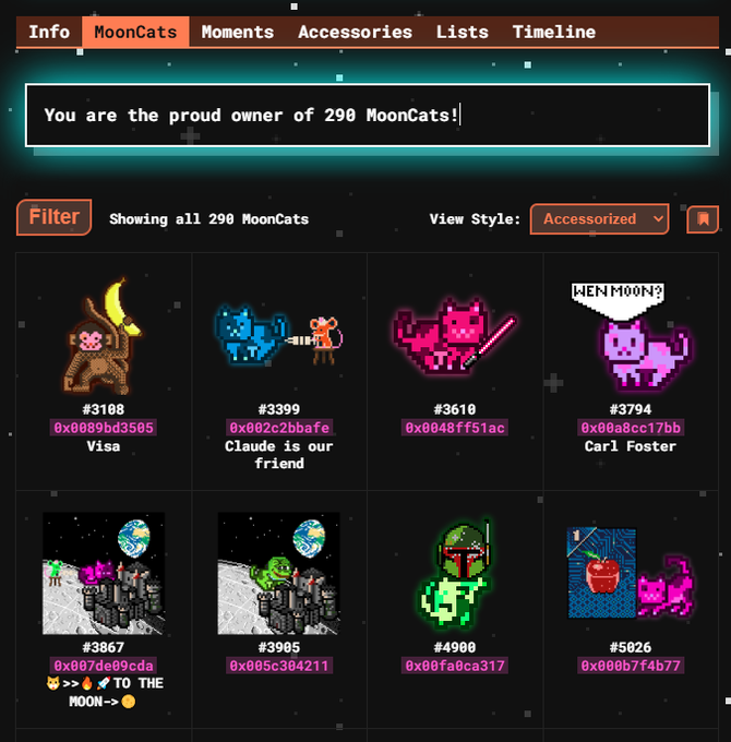 A webpage displaying a collection of 290 MoonCats NFTs, showing pixel-art cat characters in various poses and accessories with their token IDs and names like "Visa" (#3108), "Claude is our friend" (#3399), and "Carl Foster" (#3794).