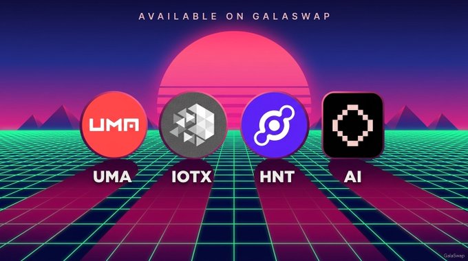 A retro-style promotional graphic with the text 'AVAILABLE ON GALASWAP' featuring four cryptocurrency tokens: UMA, IOTX, HNT, and AI against a synthwave sunset background.