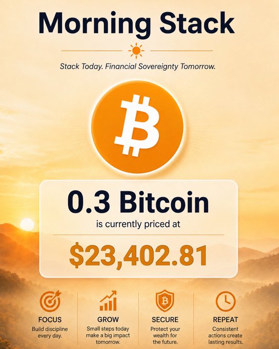 A 'Morning Stack' financial infographic showing 0.3 Bitcoin is currently priced at $23,402.81, with the tagline 'Stack Today. Financial Sovereignty Tomorrow.' and icons emphasizing Focus, Grow, Secure, and Repeat.