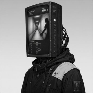 Surreal digital art of a figure wearing a black hoodie whose head is replaced by a vintage CRT monitor displaying a dark hallway, with cables extending from the back.