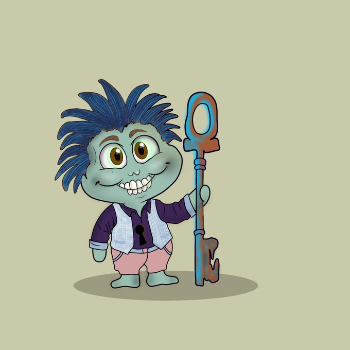 A cartoon illustration of a blue-haired, green-skinned troll-like character holding a large skeleton key, wearing a purple shirt and pink pants.