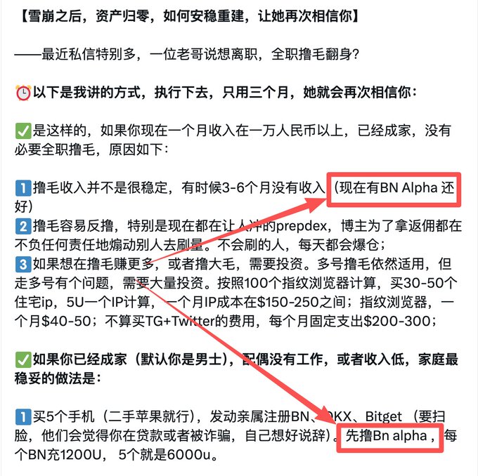 A Chinese text document titled "【雪崩之后，资产归零，如何安稳重建，让她再次相信你】" with red annotations pointing to mentions of "BN Alpha" and instructions for farming/airdrop activities.