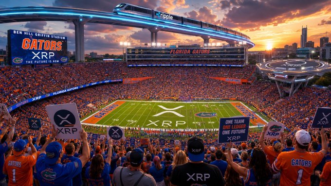 The image shows Ben Hill Griffin Stadium filled with Florida Gators fans decked in orange and blue, as a futuristic monorail emblazoned with "ripple" circles the venue above a sunset sky. A massive screen displays "BEN HILL GRIFFIN STADIUM" alongside "GATORS" and "XRP – THE FUTURE IS NOW," while fans in the crowd wave signs reading "XRP," "ONE TEAM ONE FUTURE," and "XRP THE FUTURE." The field itself is marked with a giant "X" and "XRP" logo at midfield, tying the collegiate football spectacle to the cryptocurrency. The accompanying post quips about NIL (Name, Image, Likeness) money eventually moving onto the XRP Ledger (XRPL), and the image leans into that joke by presenting XRP as the official sponsor of the stadium, implying that athletes' endorsement deals and digital payments could one day be settled on Ripple's blockchain.