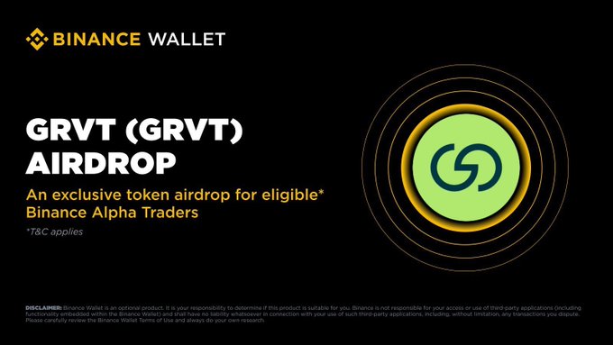 Binance Wallet advertisement for a 'GRVT (GRVT) AIRDROP' described as 'An exclusive token airdrop for eligible* Binance Alpha Traders' with a green GRVT coin graphic.