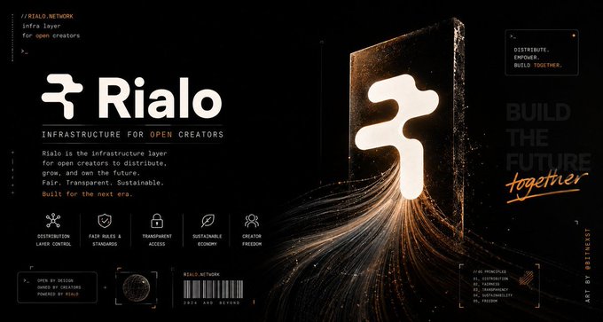 A dark promotional graphic for "Rialo" describing it as "Infrastructure for open creators" with the tagline "Build the future together" and a glowing 3D puzzle-piece logo.