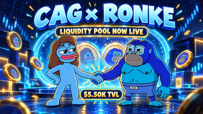 A vibrant crypto promotional graphic announces "CAG x RONKE LIQUIDITY POOL NOW LIVE" with a "$5.50K TVL" figure, featuring cartoon-style blue characters and gorilla mascots shaking hands amid floating coins.