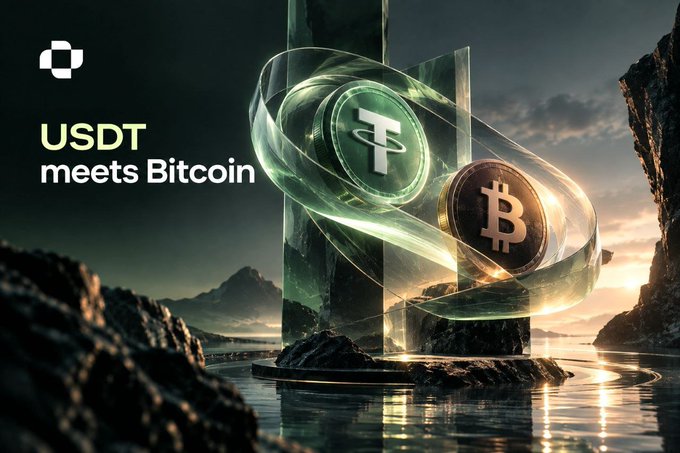 A digital promotional graphic displays the text 'USDT meets Bitcoin' alongside 3D rendered Tether and Bitcoin coins with flowing translucent ribbons, set against a dramatic rocky landscape at sunset.