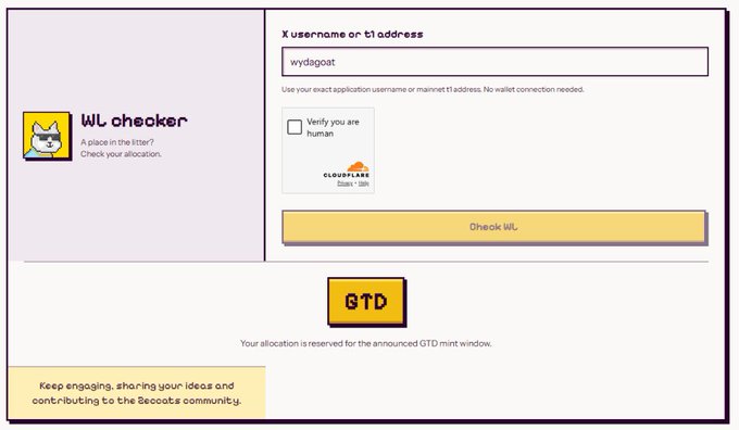 The 'WL Checker' webpage for Beocats shows a username entry field with 'wydigoat' entered, a Cloudflare verification checkbox, and a yellow button indicating 'GTD' allocation status.