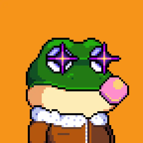 A pixel art illustration of a frog-like character with sparkly purple and pink eyes blowing a pink bubble gum bubble, set against an orange background.